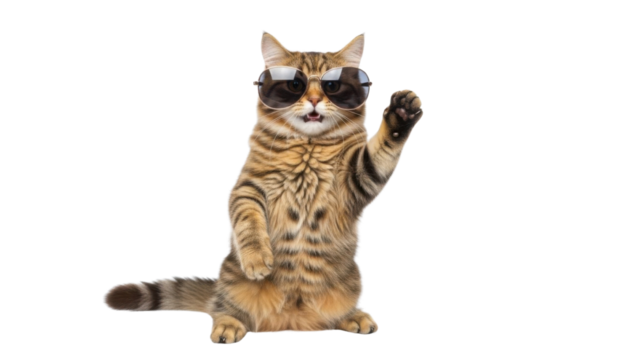 Cool tabby cat wearing sunglasses waving hello isolated PNG with Transparent Background