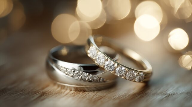 Elegant wedding rings with heart bokeh. AI image