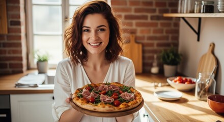 Smiling woman holding a delicious homemade pizza on a wooden tray in a modern kitchen with a brick wall