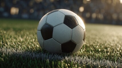 Obraz premium Soccer ball on green field under stadium lights. AI image