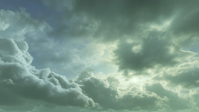 Dramatic green sky with sunlit clouds. AI image