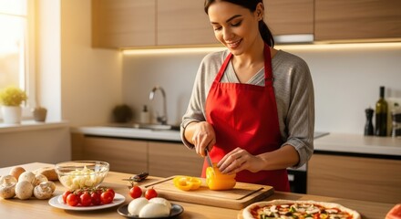 Smiling young woman in red apron preparing vegetables and ingredients for pizza in bright modern kitchen during daytime