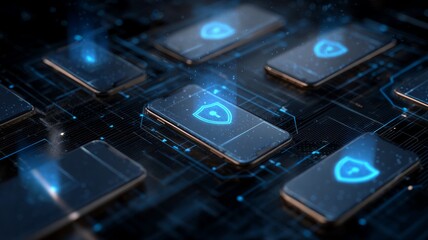 Digital security shields hovering above smartphones. AI image