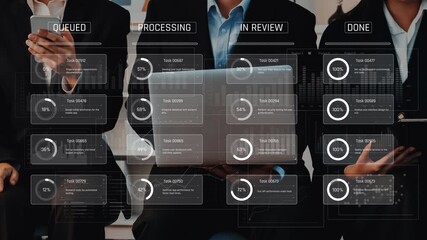A group of business professionals engages with technology to manage tasks and workflows, displaying project status updates and data visualizations on a laptop. Raster - Powered by Adobe