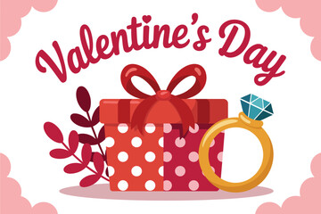 Valentine's Day gift box with a diamond ring and decorative leaves.