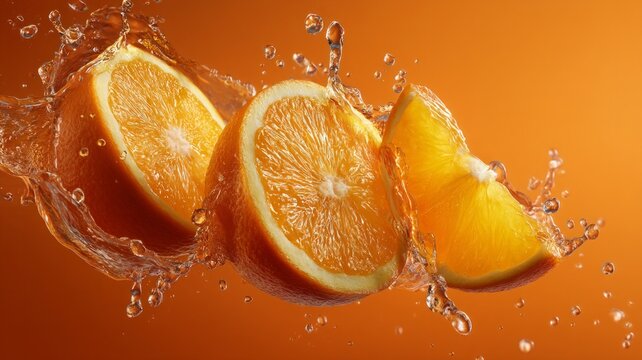 Sliced orange splash on vibrant background. AI image