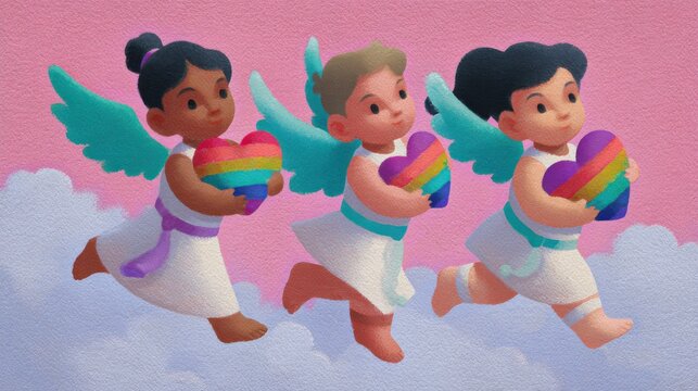 Diverse cupids celebrate LGBTQ+ love with rainbow hearts in pastel dream.