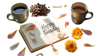 Creative flat lay composition with coffee notebook and flower petals