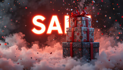 A stack of three gifts with a red bow and sale sign with confetti falling down