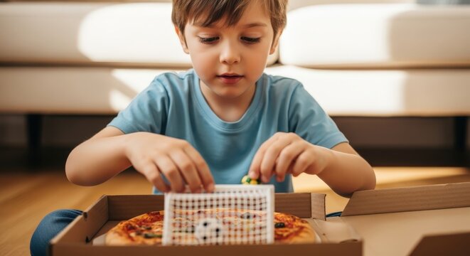 Young boy playing with toy soccer goal and ball on pizza in delivery box at home on bright sunny day