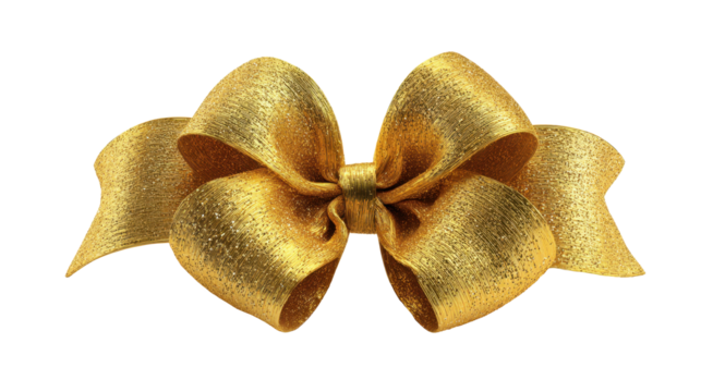 Golden bow made from shimmering glitter ribbon, luxurious element for gifts, parties, birthdays, christmas, and anniversary celebrations, transparent background, png