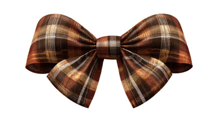 Plaid fabric bow showcasing a warm color palette of brown, orange, and gold, providing a rustic and festive decorative element for various seasonal occasions and gift wrapping, png