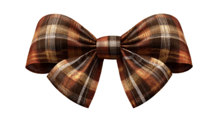 Plaid fabric bow showcasing a warm color palette of brown, orange, and gold, providing a rustic and festive decorative element for various seasonal occasions and gift wrapping, png