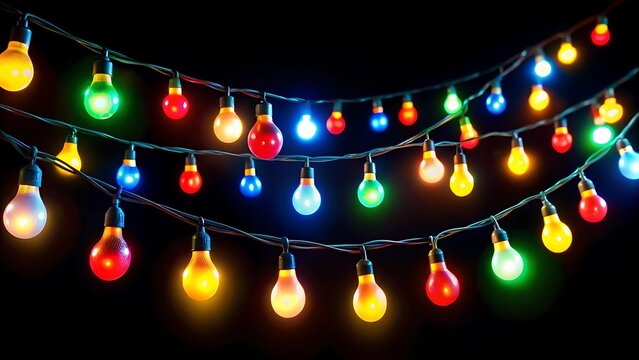 Brightly colored string lights glowing in the dark