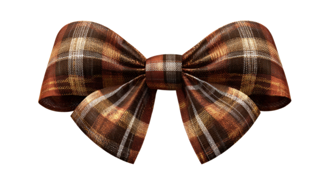Plaid fabric bow showcasing a warm color palette of brown, orange, and gold, providing a rustic and festive decorative element for various seasonal occasions and gift wrapping, png