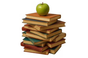 Stack of old books with a green apple on top, symbolizing education, knowledge, and wisdom, transparent background