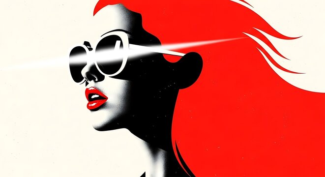 Striking graphic portrait of a woman with vibrant red hair and stylish sunglasses emitting bright light beams, isolated on white background - Powered by Adobe