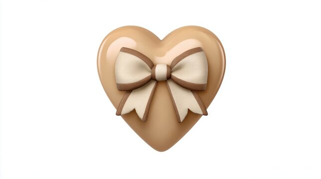 Beige heart shaped gift box with a cream and brown fabric bow top, symbolizing love, celebration, and romantic gestures on an isolated white background for holidays and special occasions, png