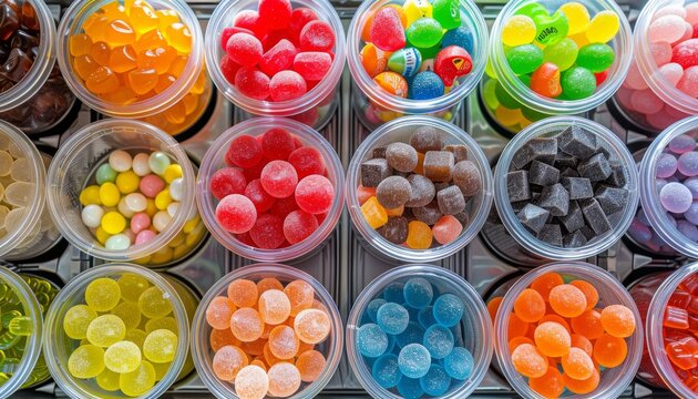 Vibrant halloween candy flat lay with neon light reflections on colorful wrappers - Powered by Adobe