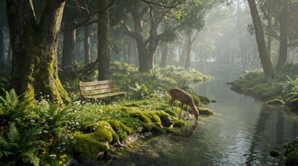 graceful deer drinking from clear forest stream beside mossy trees and wildflowers, peaceful enchanted woodland scene with soft morning light