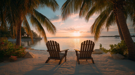 Beach chairs placed along a warm island coast.