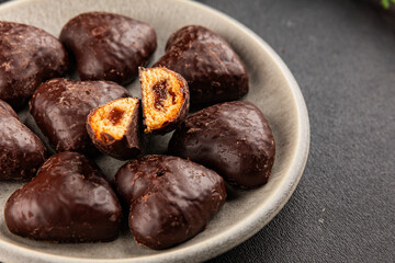Gingerbread chocolate heart shaped honey cakes Christmas sweet dessert new year natural product tasty snack fresh delicious gourmet food background on the table rustic top view copy space