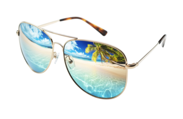Aviator sunglasses reflecting a tropical beach scene with palm trees and ocean waves