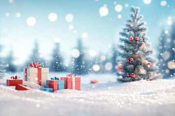 Obraz premium Snowy Christmas Tree with Colorful Gifts Outdoors