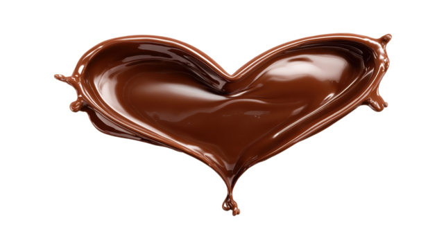 Molten chocolate splashing splash forming a heart shape, hot liquid brown dessert flowing, creating a sweet delicious romantic symbol on transparent background, png