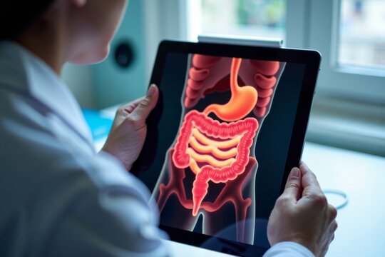 Doctor carefully studying intricate 3D model of human colon on tablet device, displaying range of colonic conditions like colorectal cancer and ulcerative colitis
