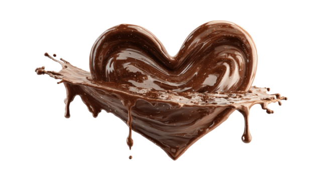 Liquid chocolate forming a dynamic heart shape with a splashing effect, symbolizing sweet love, rich indulgence, and delicious romance, presented on a transparent background, png