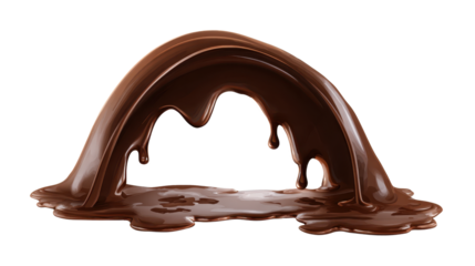 Melting brown chocolate flowing in an arc and dripping down, forming a delicious liquid puddle, a rich sweet dessert sauce creating a dynamic splash on transparent background, png