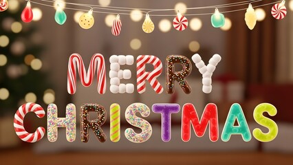 Festive "Merry Christmas" typography with candy decorations, warm bokeh lights, and cozy holiday background.