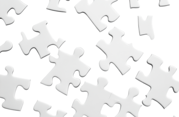Scattered white puzzle pieces on a transparent background creating a chaotic pattern