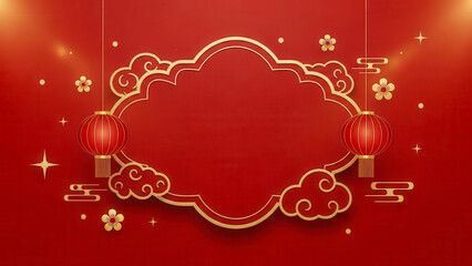 Elegant 3d rendering of a vibrant red chinese new year frame with golden cloud border, traditional lantern, and festive decoration for celebration background