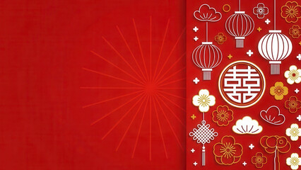 Vibrant red background with traditional chinese new year decoration elements like lanterns, double happiness symbol, and floral patterns for festive celebration design