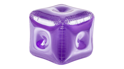 Purple inflatable cube shape floating, made from glossy plastic material with highlights and deep shadows, creating a soft three dimensional geometric object on a transparent background, png