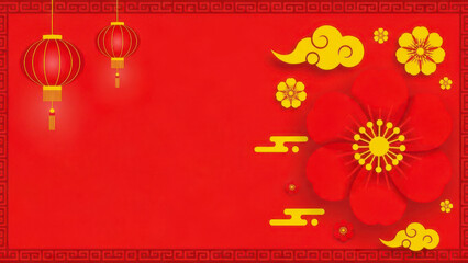 Vibrant red background for chinese new year celebration with hanging lantern, auspicious cloud, and large decorative flower element for festive greeting card design