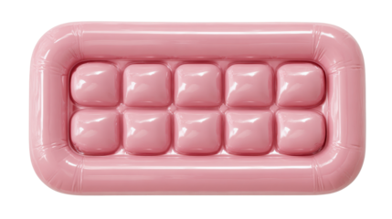 Pink inflatable pool float mattress presenting a rectangular shape with eleven individual air chambers. Creating a comfortable surface for relaxation and summer leisure activities, png