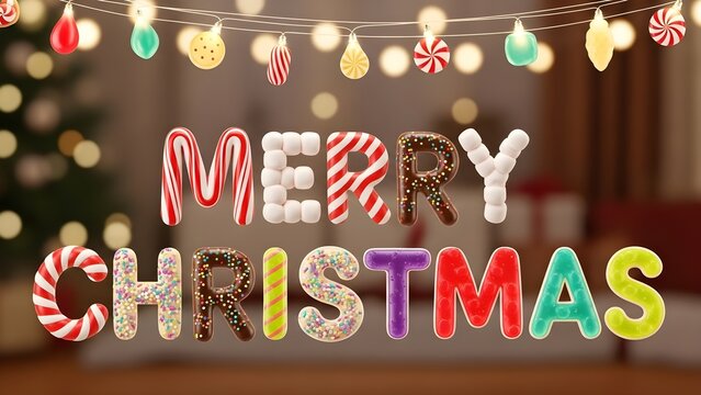 Festive "Merry Christmas" typography with candy decorations, warm bokeh lights, and cozy holiday background.