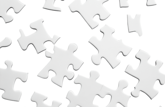 Scattered white puzzle pieces on a transparent background creating a chaotic pattern