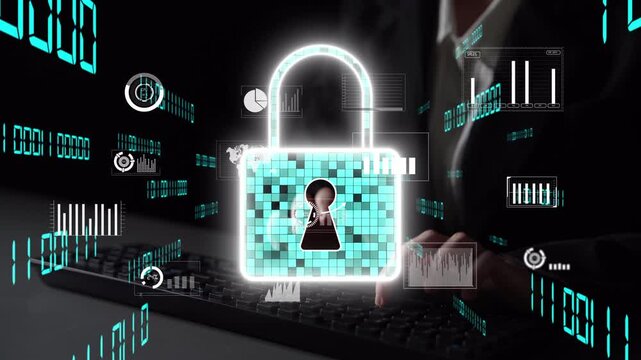 A visual representation of cyber security featuring a digital lock amidst a backdrop of data graphs, highlighting the importance of online safety in modern business. Xenic - Powered by Adobe