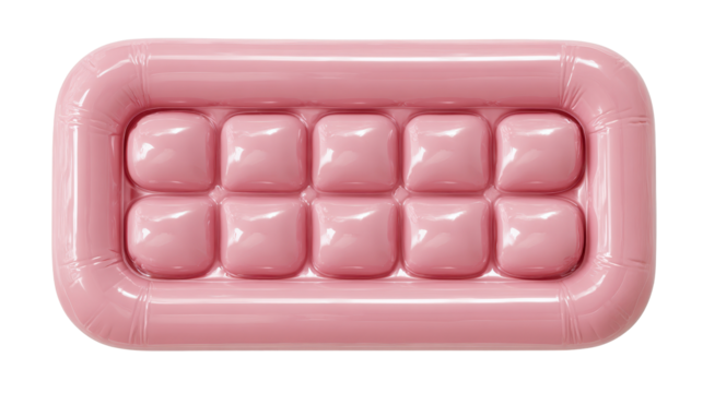 Pink inflatable pool float mattress presenting a rectangular shape with eleven individual air chambers. Creating a comfortable surface for relaxation and summer leisure activities, png