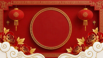 Chinese new year celebration background with red frame, golden circle, hanging lanterns, and peony flower decoration for festive greeting card or banner design