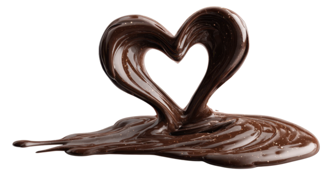 Dark brown melted chocolate forming an elegant heart shape, dripping and pooling into a glossy puddle on transparent background, symbolizing romance and sweet indulgence, png