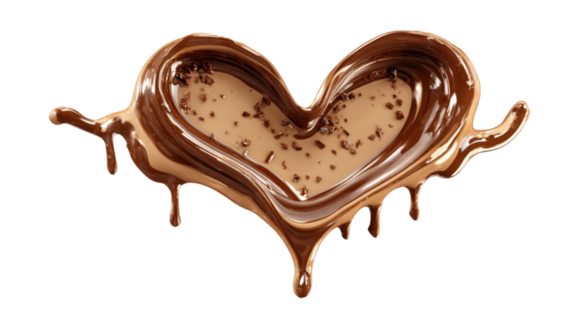 Melted chocolate and milk cream combining into a heart shape with cocoa sprinkles, creating a sweet dessert splash, symbolizing love and romance on transparent background, png - Powered by Adobe