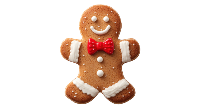 Gingerbread man cookie featuring a smiling face and red bow tie, representing festive holiday season celebrations and sweet treats, with a transparent background, png