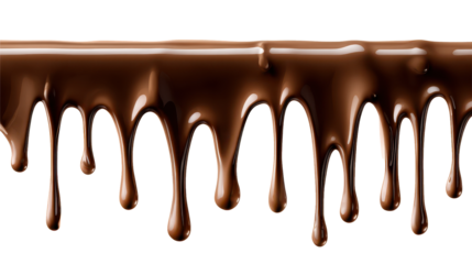 Melted chocolate flowing and dripping down, creating luscious, glossy streams and drops, providing a rich brown dessert texture against a transparent background, png