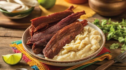 National dishes of Brazilian cuisine. 
Dried meat with milk cassava porridge.
