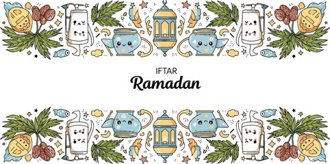 Cute Ramadan Iftar border with festive cartoon elements and Arabic calligraphy